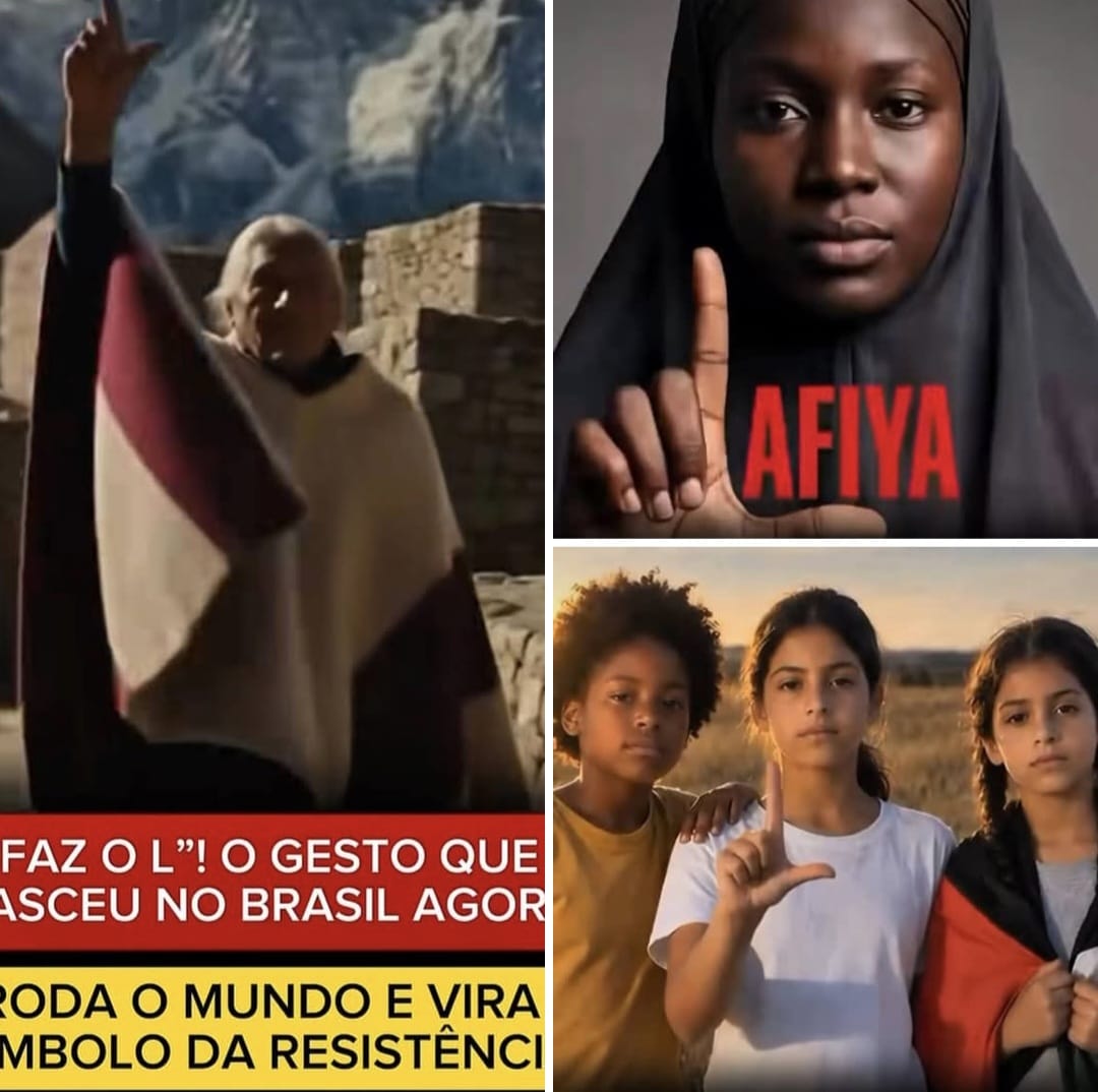 Montagem com pessoas de diferentes países fazendo com a mão o gesto da letra L